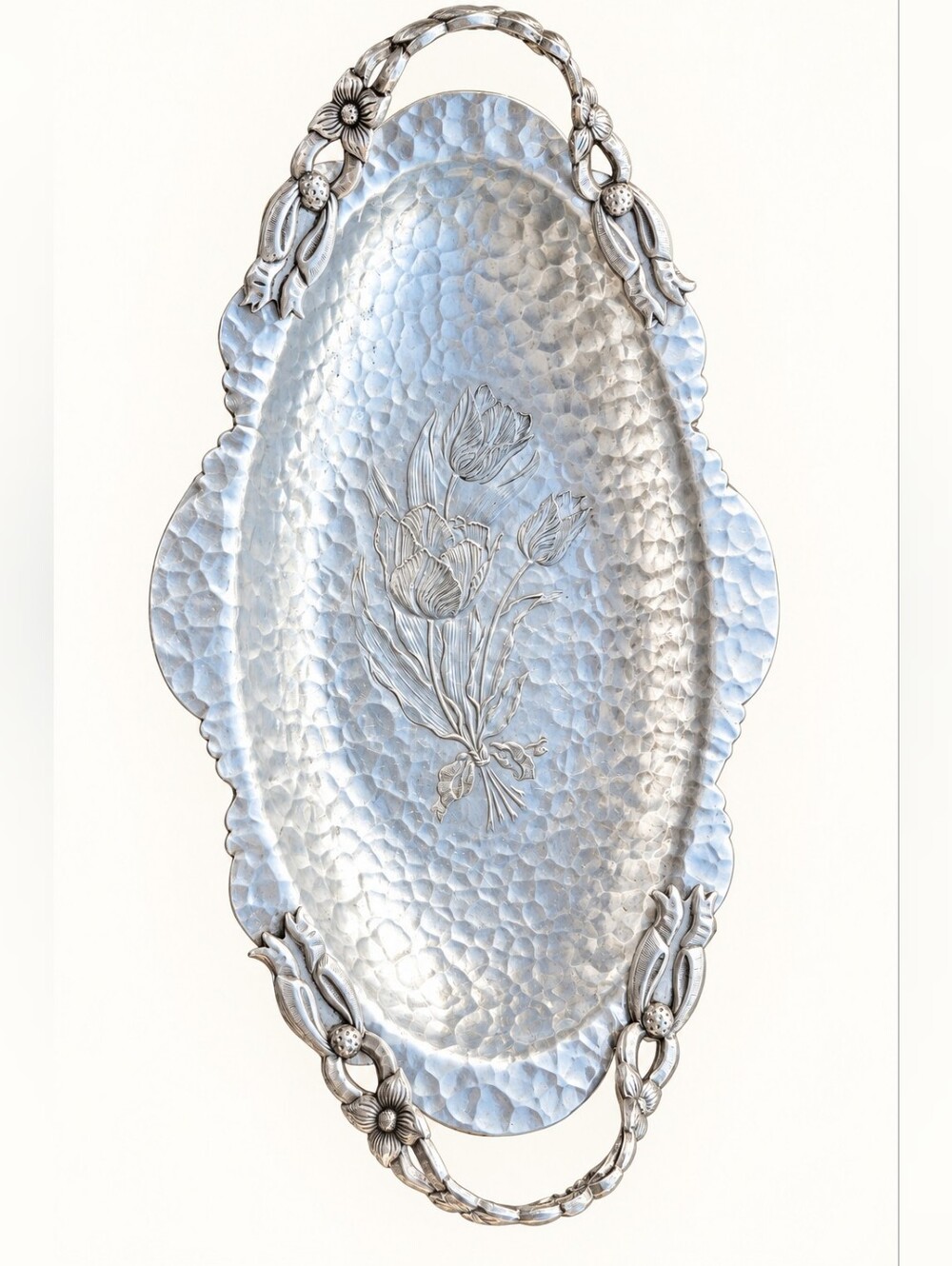 Vintage 1940s Rodney Kent #404 Hand Wrought Hammered Aluminum Tulip Tray Floral
